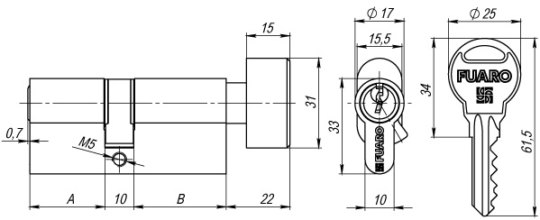 Цилиндровый механизм с вертушкой R302/70 mm (30+10+30) AB бронза 5 кл.