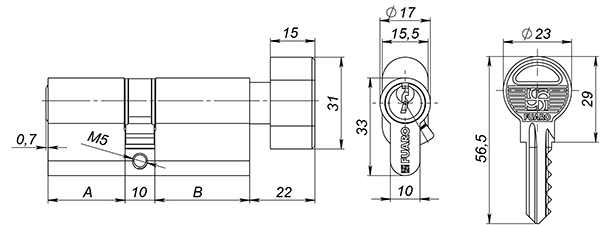 Цилиндровый механизм с вертушкой 100 ZM 70 mm (30+10+30) BP латунь 5 кл.